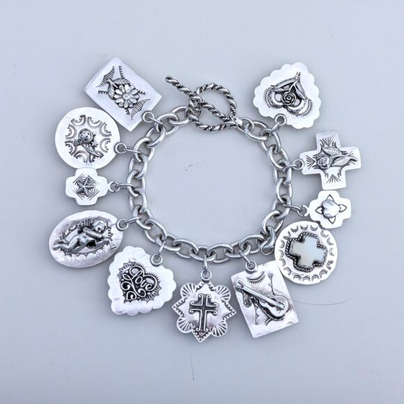 Joan Slifka Sterling 925 Heart Angel Cross Love Luck Charm Two Sided Bracelet - Picture 3 of 14